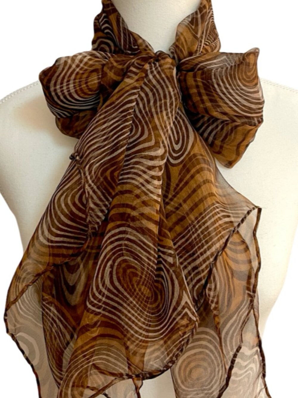 Vintage 100% Silk Sheer Scarf Brown Abstract Swirl Pattern Hand Rolled Edges Obl